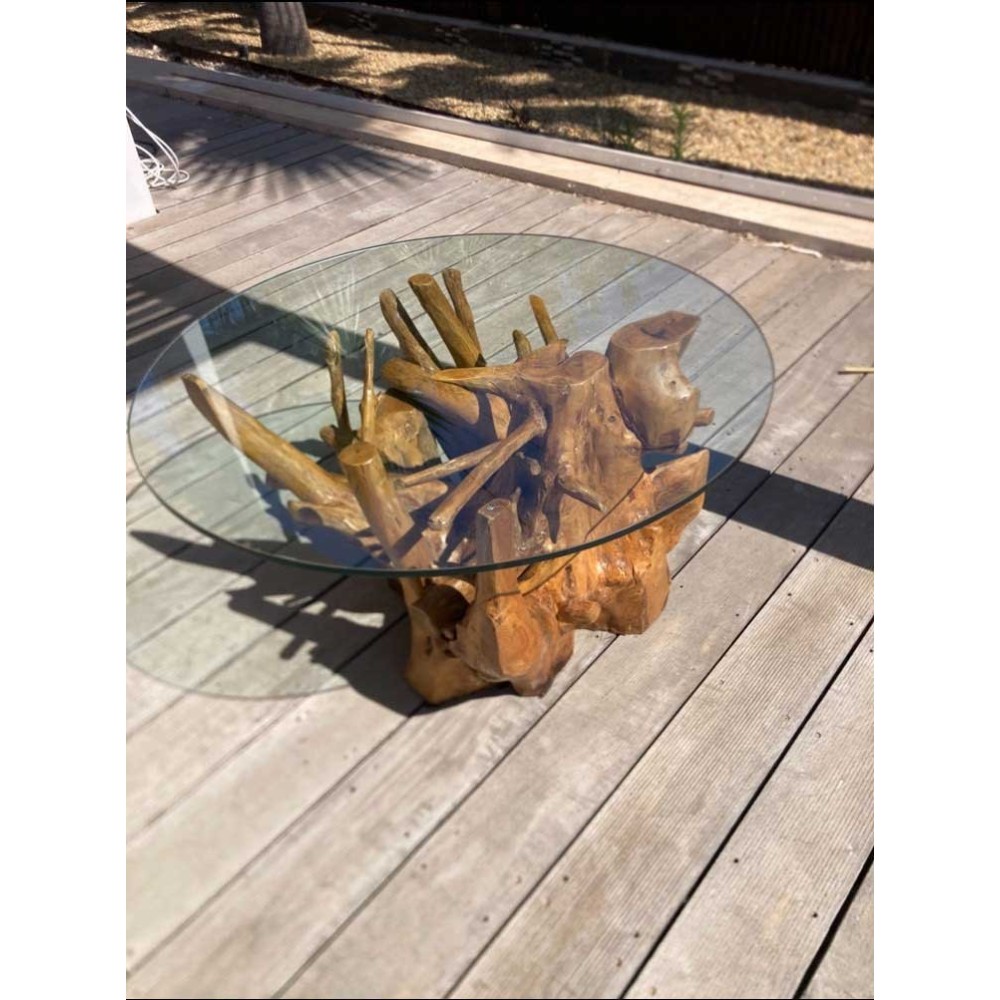 Table racine teck avec plateau en verre biseauté
