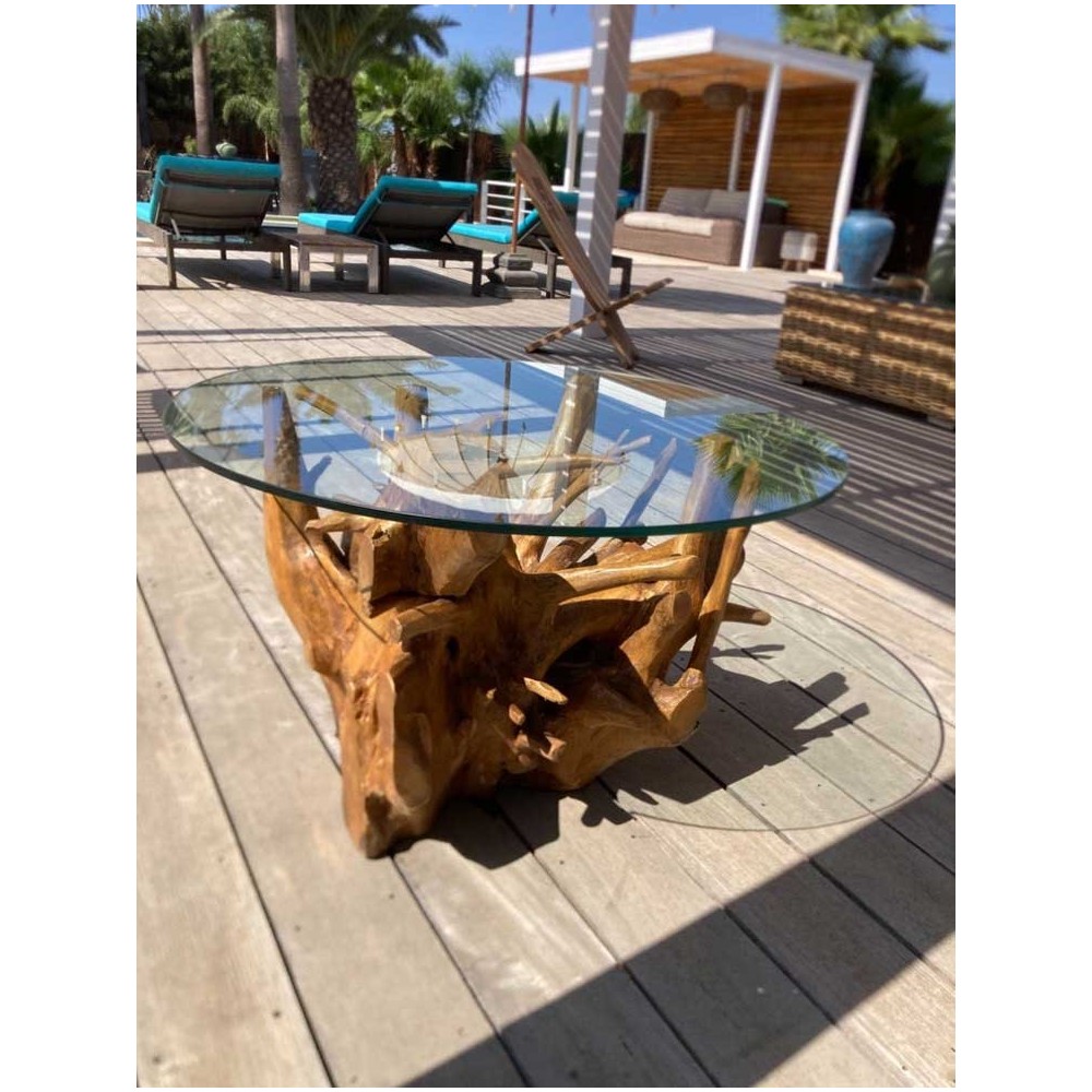 Table racine teck avec plateau en verre biseauté