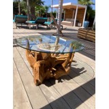 Table racine teck avec plateau en verre biseauté