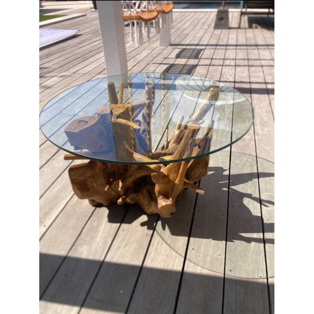 Table racine teck avec plateau en verre biseauté